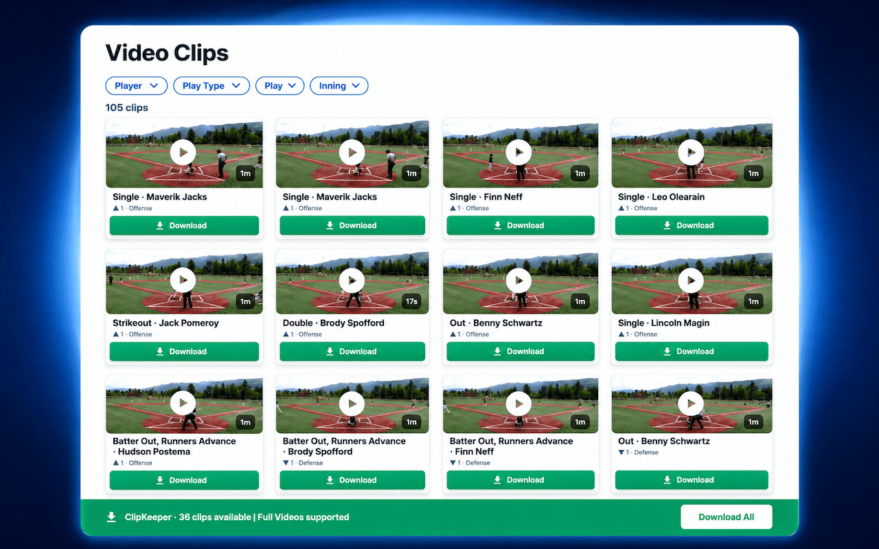 GameChanger clips downloaded as individual files, ready to drop into a video editor