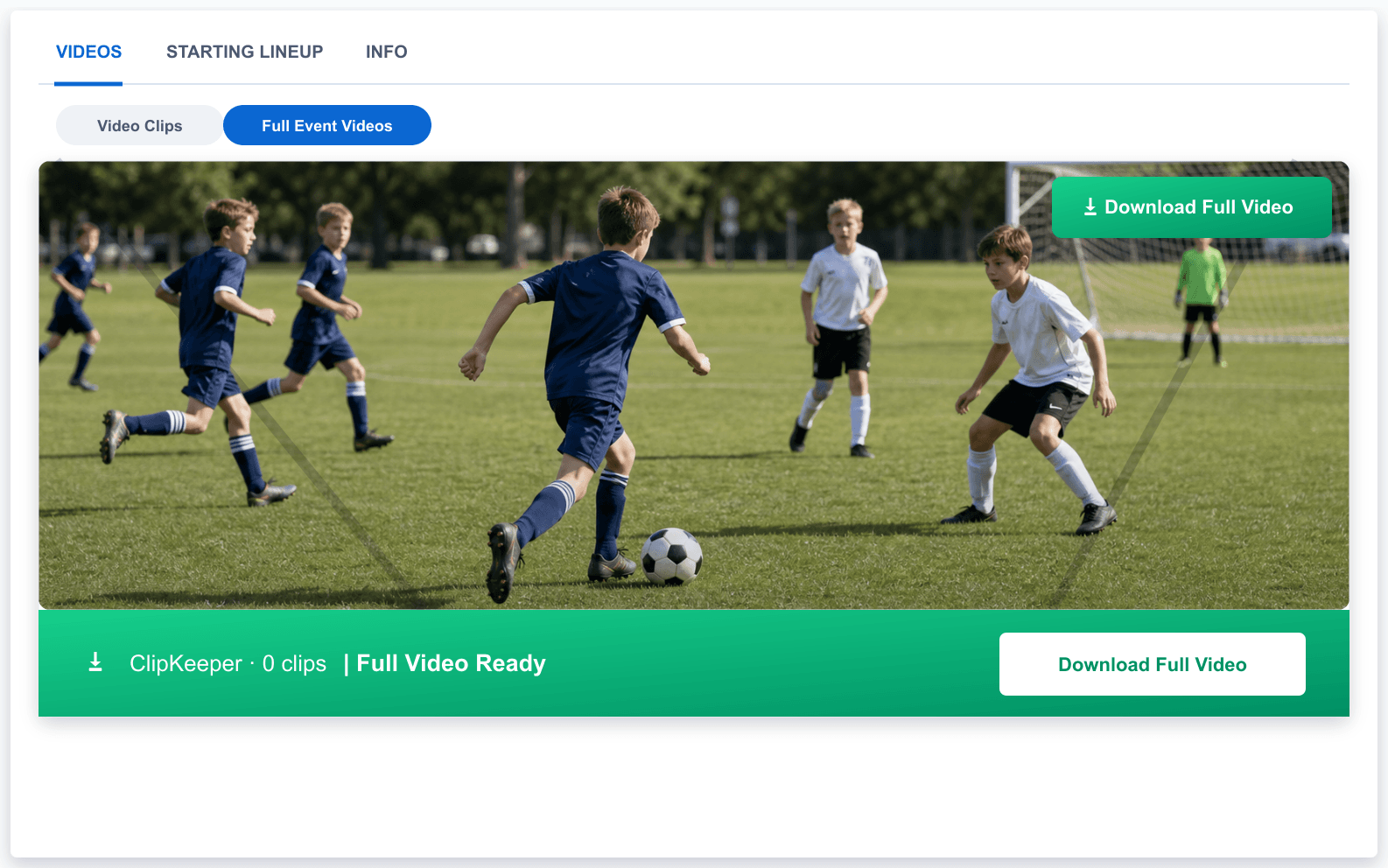 ClipKeeper Download Full Video button on a full-game sports video player