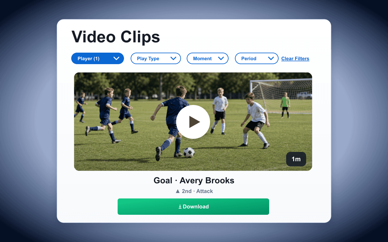 ClipKeeper green Download button on a single sports video clip card