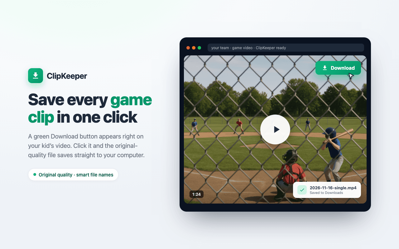 ClipKeeper's green Download button on a GameChanger softball clip in Chrome