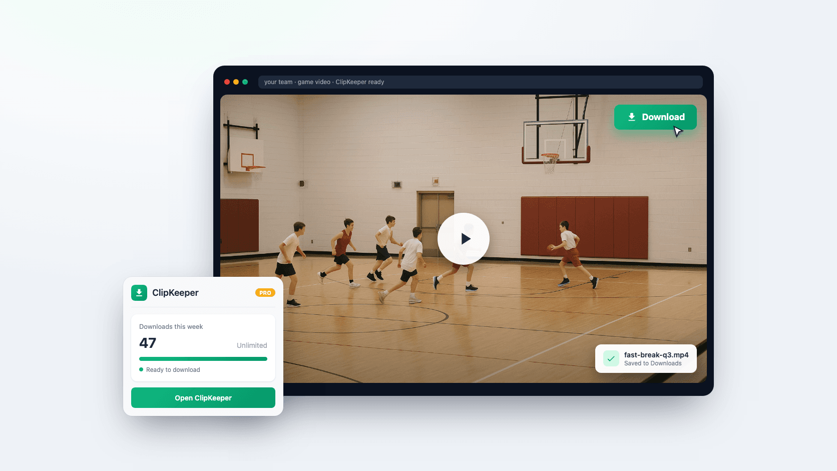 ClipKeeper showing a one-click green Download button on a youth basketball game video